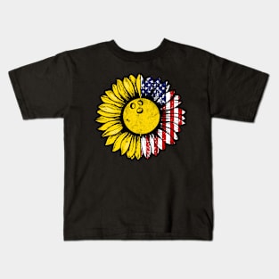 Sunflower American Flag Bowling Lover Gifts 4th Of July Kids T-Shirt